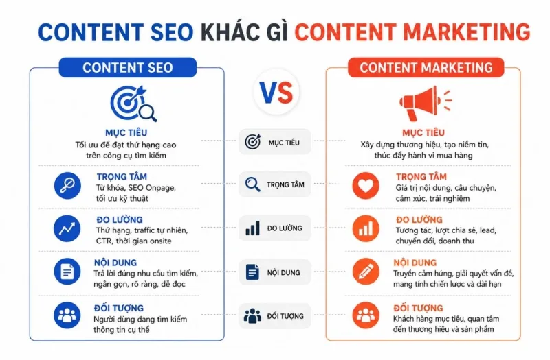 Bảng so sánh Content SEO và Content Marketing