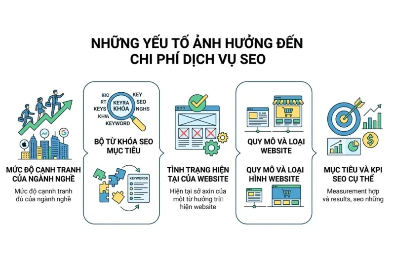 Các yếu tố chính như độ cạnh tranh, bộ từ khóa và tình trạng website quyết định chi phí dịch vụ SEO.