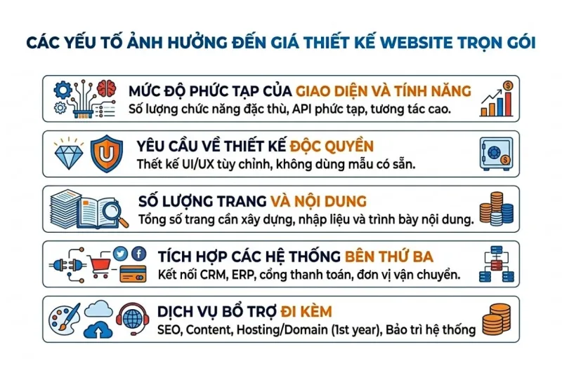 Các yếu tố chính ảnh hưởng đến bảng giá thiết kế web trọn gói tại Net Solutions.