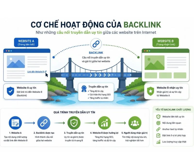 Cơ chế hoạt động của backlink như những cầu nối truyền dẫn uy tín giữa các website trên Internet
