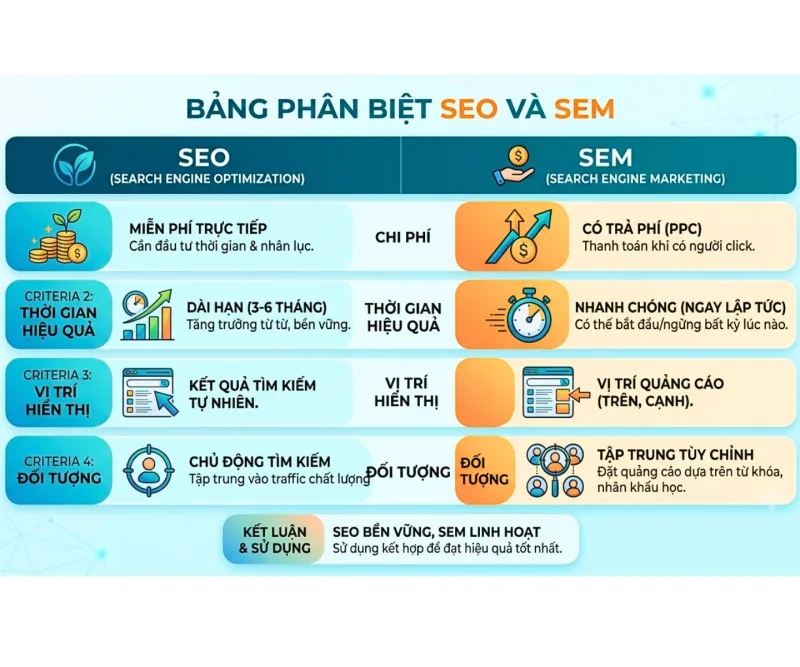 Sự khác biệt rõ rệt về mặt chi phí và thời gian duy trì hiệu quả giữa SEO và SEM