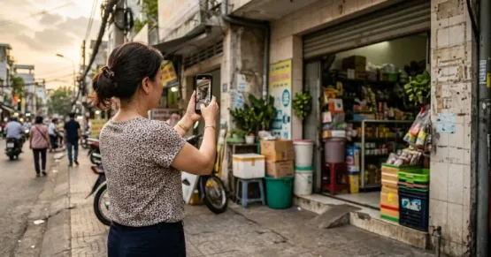 Chủ doanh nghiệp d&ugrave;ng điện thoại quay video mặt tiền cửa h&agrave;ng để x&aacute;c minh hồ sơ Google Maps