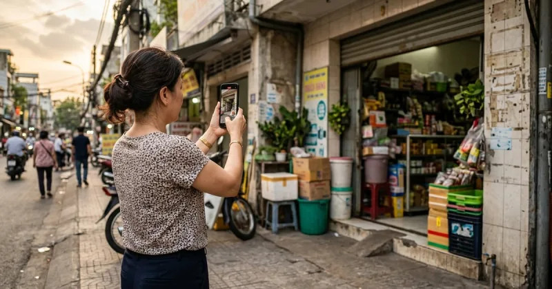 Chủ doanh nghiệp dùng điện thoại quay video mặt tiền cửa hàng để xác minh hồ sơ Google Maps