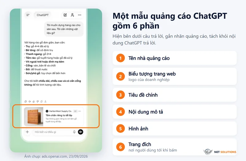 Mẫu quảng cáo ChatGPT nằm dưới câu trả lời, gồm tên nhà quảng cáo, biểu tượng trang web, tiêu đề, mô tả, hình ảnh và trang đích