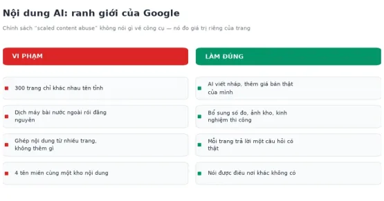 Nội dung AI: ranh giới vi phạm của Google Bảng đối chiếu hai cột vi phạm và làm đúng theo chính sách scaled content abuse của Google về nội dung AI hàng loạt