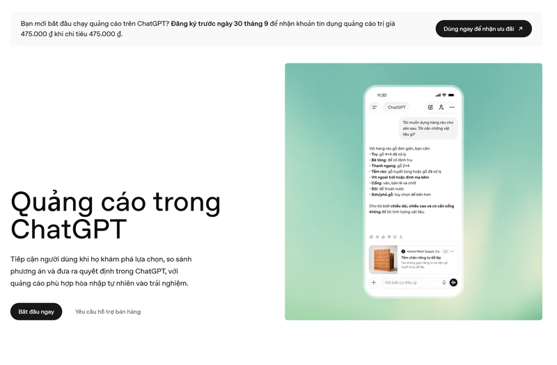 Ảnh chụp trang ads.openai.com tiếng Việt: đăng ký trước 30 tháng 9 để nhận tín dụng quảng cáo 475.000 đồng khi chi tiêu 475.000 đồng