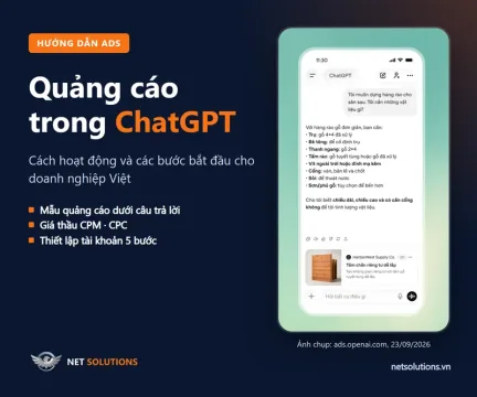 Quảng cáo trong ChatGPT — hướng dẫn bắt đầu Ảnh bìa bài hướng dẫn quảng cáo trong ChatGPT: điện thoại hiển thị câu trả lời của ChatGPT và một mẫu quảng cáo bên dưới
