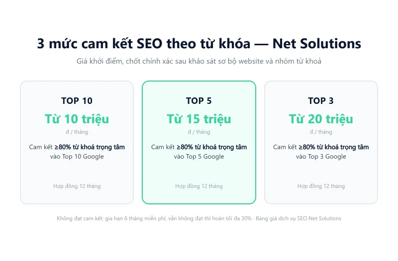 Bảng so sánh 3 mức cam kết SEO theo từ khóa của Net Solutions: TOP 10 từ 10 triệu, TOP 5 từ 15 triệu, TOP 3 từ 20 triệu một tháng, cam kết từ 80 phần trăm từ khoá trọng tâm đạt mục tiêu, hợp đồng 12 tháng