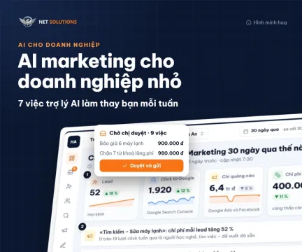 ai-marketing-cho-doanh-nghiep-nho-anh-dai-dien Ảnh bìa AI marketing cho doanh nghiệp nhỏ: màn hình tổng quan trợ lý AI với 52 lead, 1.920 click Google, hộp chờ duyệt 9 việc, logo Net Solutions