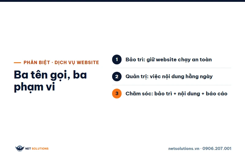 So sánh ba kiểu dịch vụ hay bị gọi lẫn: bảo trì kỹ thuật, quản trị website hằng ngày và chăm sóc website gồm cả nội dung và báo cáo