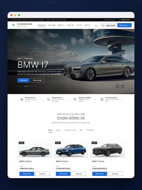 Giao diện mẫu BMW trên máy tính: banner và bảng chọn dòng xe