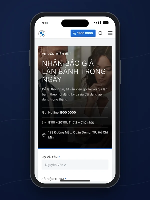 Biểu mẫu nhận báo giá lăn bánh BMW trên mobile, trong khung điện thoại
