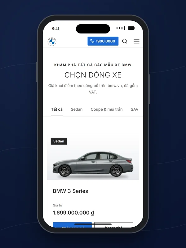 Chọn dòng xe BMW có bộ lọc trên mobile, trong khung điện thoại