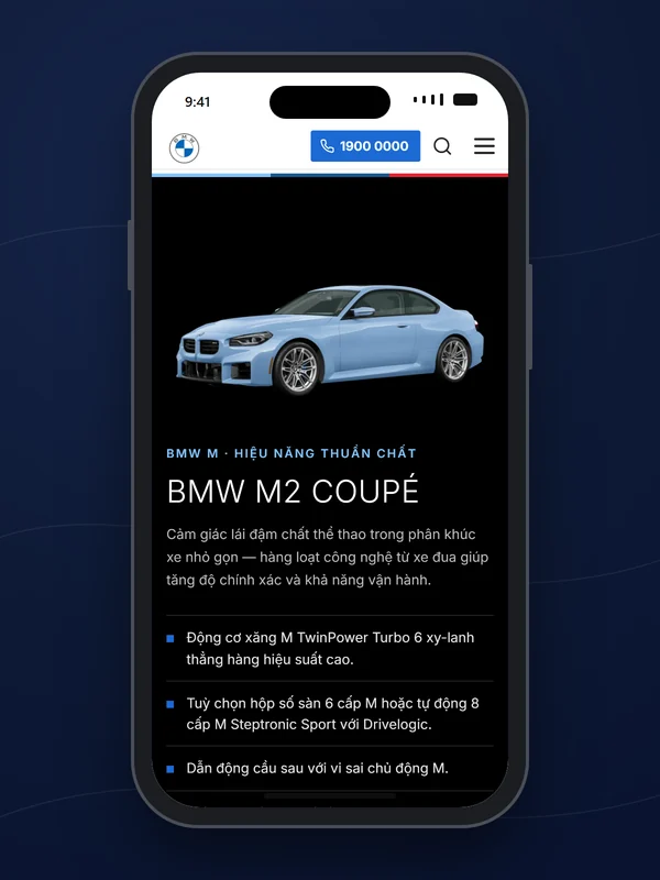 Khối giới thiệu BMW M2 Coupé nền đen trên mobile, trong khung điện thoại