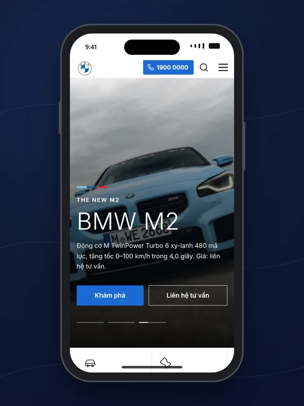 Trang chủ mẫu website BMW trên mobile, chụp thật trong khung điện thoại