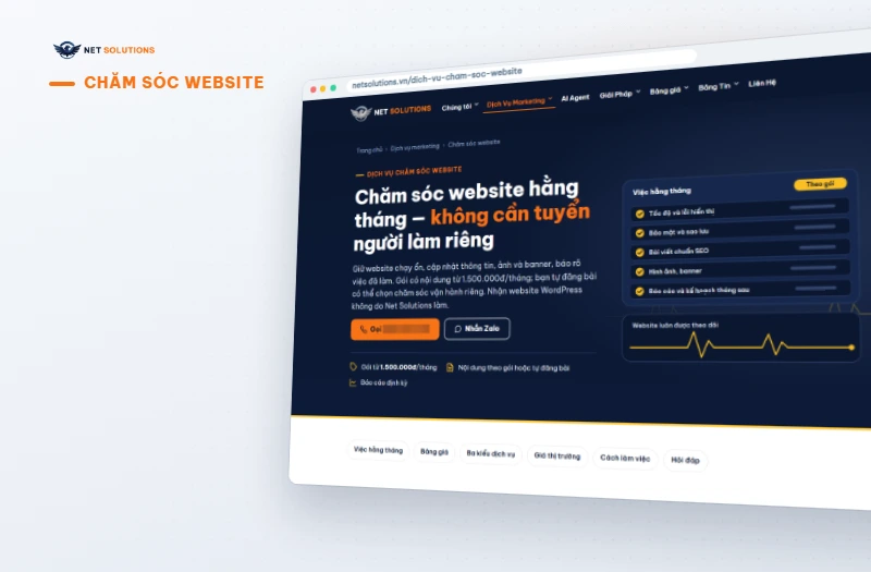 Trang dịch vụ chăm sóc website của Net Solutions với danh sách việc hằng tháng: tốc độ, bảo mật và sao lưu, bài viết chuẩn SEO
