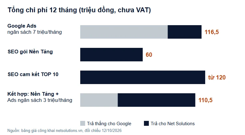 Biểu đồ cột ngang tổng chi phí 12 tháng của bốn phương án: Google Ads 116,5 triệu, SEO Nền Tảng 60 triệu, SEO TOP 10 từ 120 triệu, kết hợp 110,5 triệu