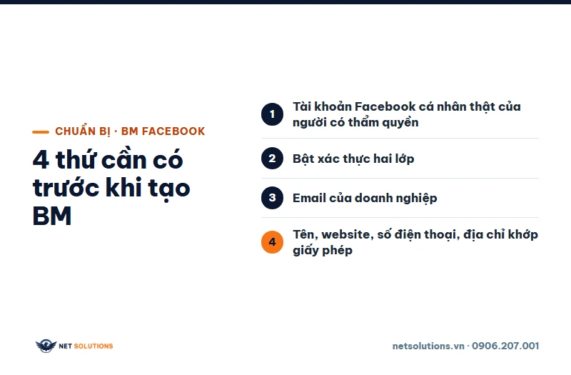 Bốn thứ cần chuẩn bị trước khi tạo BM Facebook: tài khoản cá nhân thật, xác thực hai lớp, email doanh nghiệp, thông tin khớp giấy phép