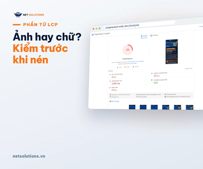 Kết quả PageSpeed Insights của netsolutions.vn trên điện thoại, có mục chẩn đoán phần tử Largest Contentful Paint