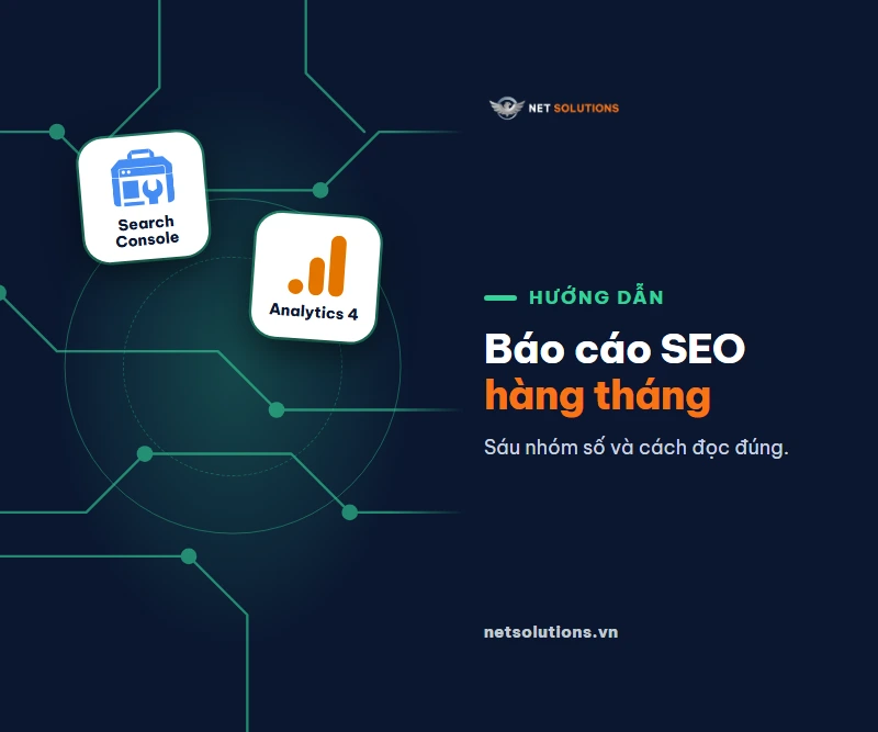 Hai biểu tượng Google Search Console và Google Analytics 4 cạnh tiêu đề Báo cáo SEO hàng tháng