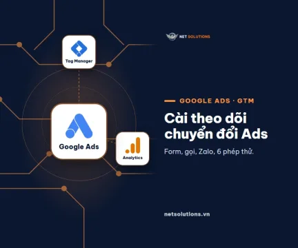 Ảnh đại diện: logo Google Ads ở giữa, nối với Google Tag Manager v&agrave; Google Analytics tr&ecirc;n nền mạch điện tối m&agrave;u
