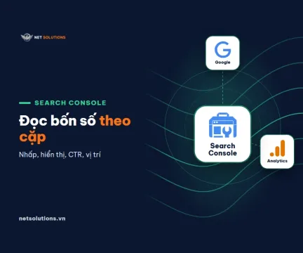 Logo Search Console ở giữa nối với Google và Analytics, chữ Đọc bốn số theo cặp