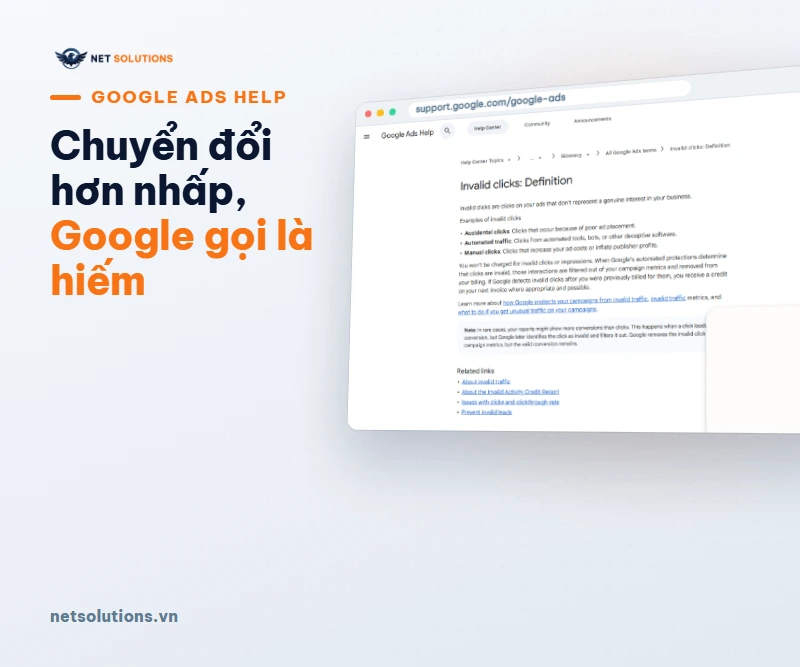 Ảnh chụp trang trợ giúp Google Ads về click không hợp lệ, có câu nói báo cáo có thể hiện nhiều chuyển đổi hơn lượt nhấp