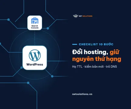 dai dien chuyen wordpress sang hosting moi khong mat hang Hai thẻ logo WordPress và Google Search Console trên nền navy, chữ Đổi hosting, giữ nguyên thứ hạng