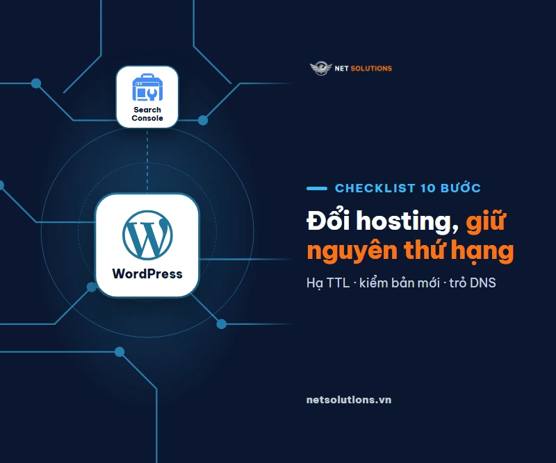 Hai thẻ logo WordPress và Google Search Console trên nền navy, chữ Đổi hosting, giữ nguyên thứ hạng