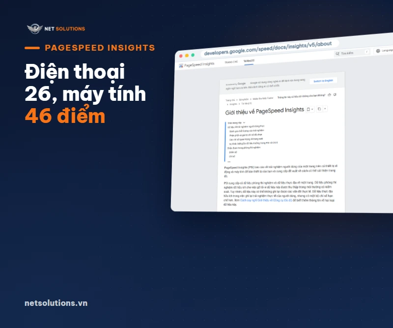 Ảnh chụp trang tài liệu PageSpeed Insights của Google, nơi giải thích dữ liệu lab mô phỏng và dữ liệu thực địa, trình bày trên nền navy
