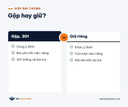 dai dien khi nao nen gop bai viet trung y dinh So sánh hai hướng xử lý hai bài trùng: gộp và chuyển hướng 301, hoặc giữ riêng và nối liên kết