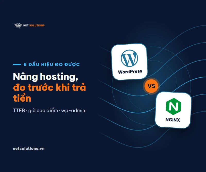 Hai thẻ logo WordPress và NGINX trên nền navy, chữ Nâng hosting, đo trước khi trả tiền