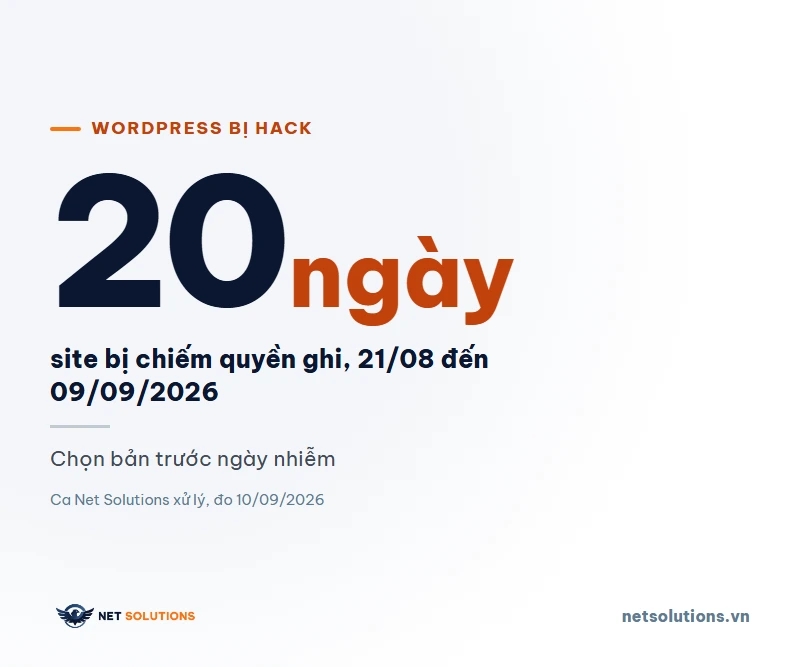 Ảnh số lớn 20 ngày: thời gian một site WordPress bị chiếm quyền ghi trong ca Net Solutions xử lý, kèm dòng Chọn bản trước ngày nhiễm