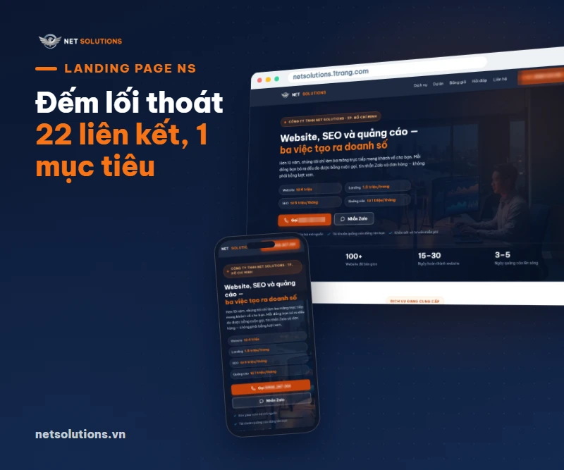 Ảnh chụp landing page của Net Solutions trên máy tính và điện thoại, kèm nhãn đếm 22 liên kết cho 1 mục tiêu