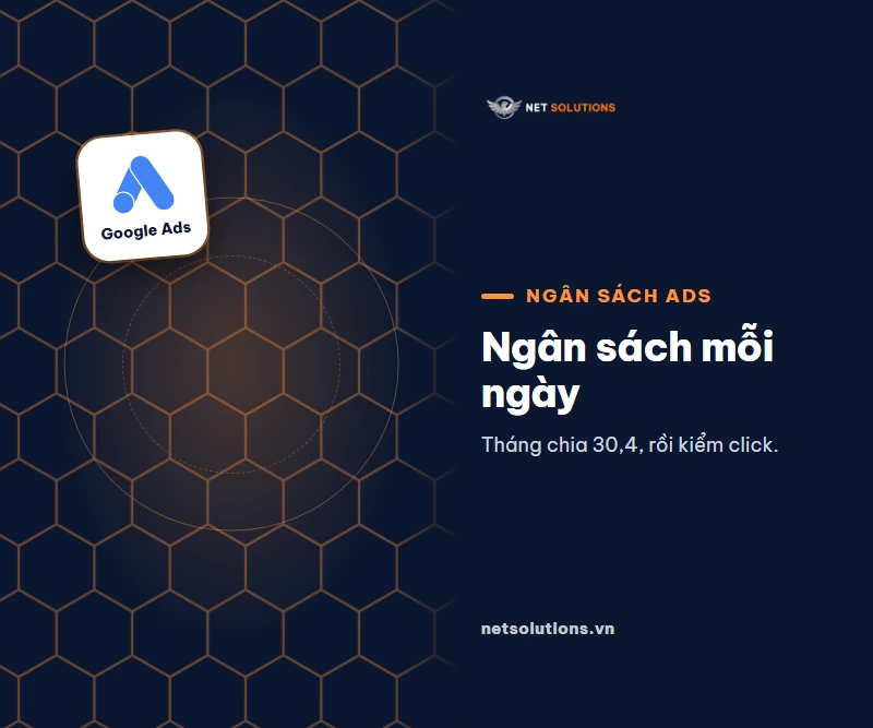 Thẻ logo Google Ads cạnh tiêu đề Ngân sách mỗi ngày trên nền lục giác tối