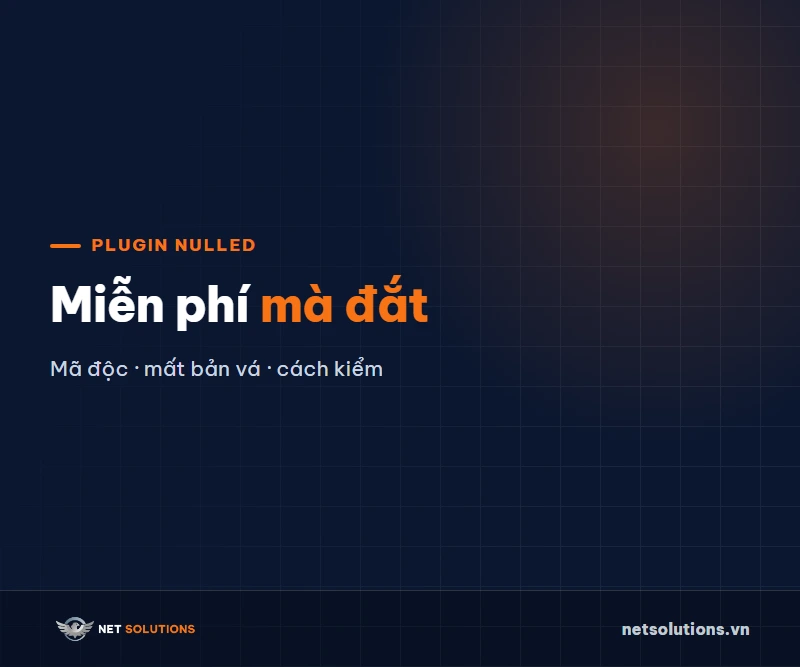 Nền navy tối, chữ lớn: Plugin nulled WordPress, Miễn phí mà đắt