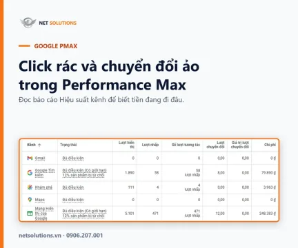 Click rác và chuyển đổi ảo trong Performance Max — bảng Hiệu suất kênh chụp từ tài khoản Google Ads thật
