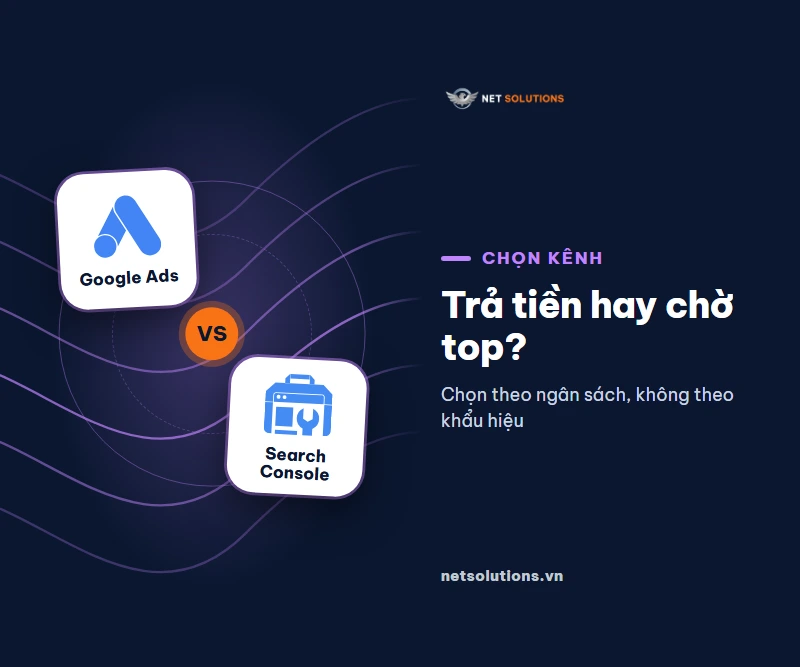 Hai thẻ logo Google Ads và Google Search Console đối đầu nhau với dấu VS trên nền navy