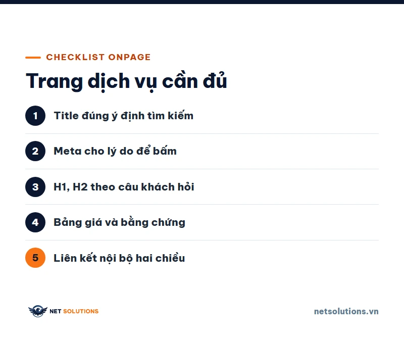 Danh sách năm mục kiểm onpage cho trang dịch vụ trên nền sáng