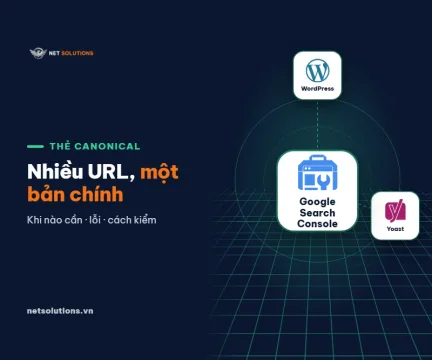 Ba thẻ logo Google Search Console, WordPress v&agrave; Yoast tr&ecirc;n nền navy, chữ Thẻ canonical: nhiều URL, một bản ch&iacute;nh