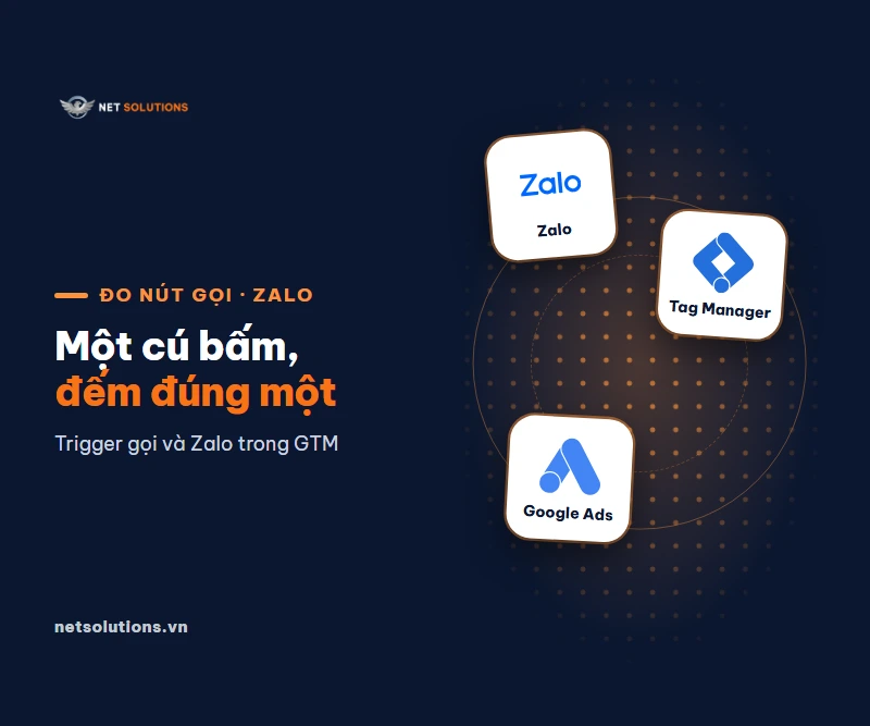Thẻ logo Zalo, Tag Manager và Google Ads xếp so le, chữ Một cú bấm đếm đúng một