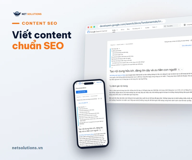 Trang Google Search Central về tạo nội dung hữu ích trên màn hình máy tính và điện thoại, chữ Viết content chuẩn SEO 7 bước