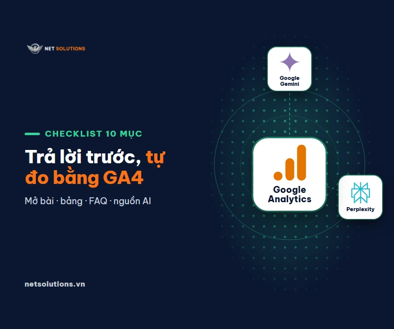 Ba thẻ logo Google Analytics, Google Gemini và Perplexity trên nền navy, chữ Trả lời trước, tự đo bằng GA4