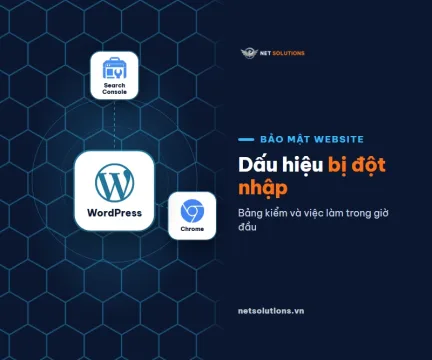 Logo WordPress ở giữa, nối với Search Console và Chrome, chữ Dấu hiệu bị đột nhập