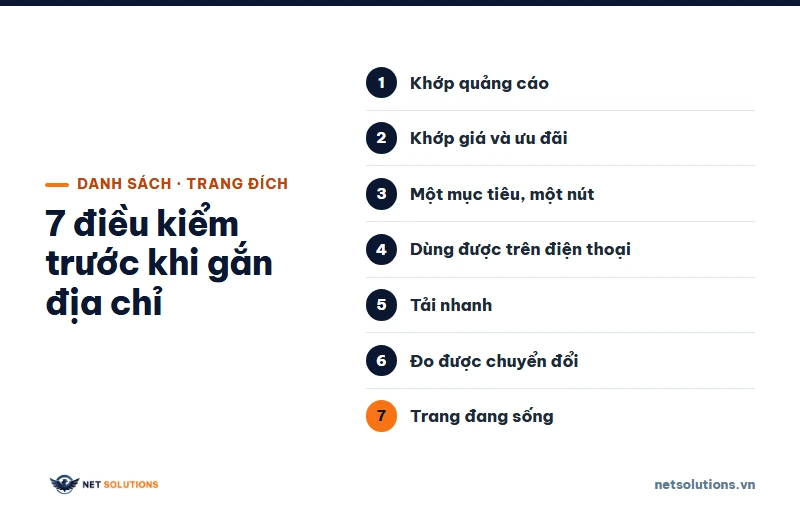 Bảy điều cần kiểm trước khi gắn địa chỉ trang đích vào quảng cáo Google Ads: khớp quảng cáo, khớp giá, một nút, mobile, tốc độ, đo chuyển đổi, trang sống