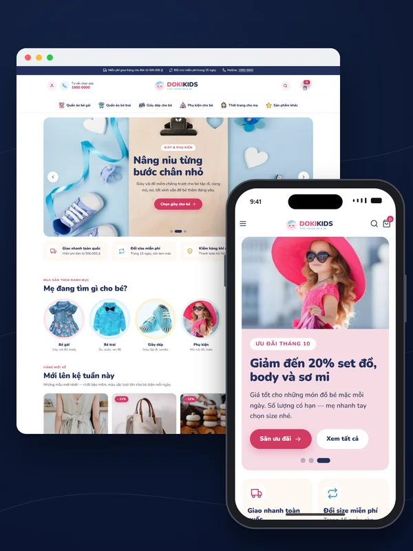 Giao diện mẫu website mẹ và bé DOKIKIDS trên máy tính và điện thoại