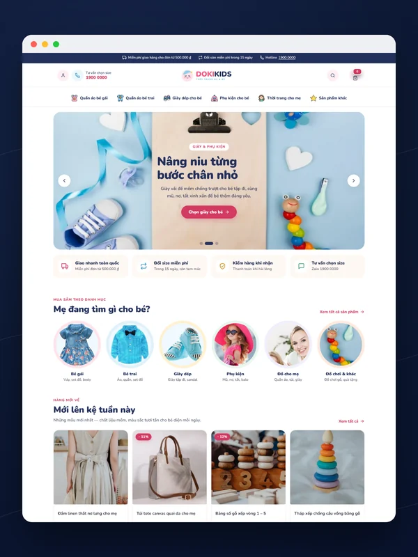 Giao diện mẫu DOKIKIDS trên máy tính: banner, sáu danh mục và hàng mới lên kệ