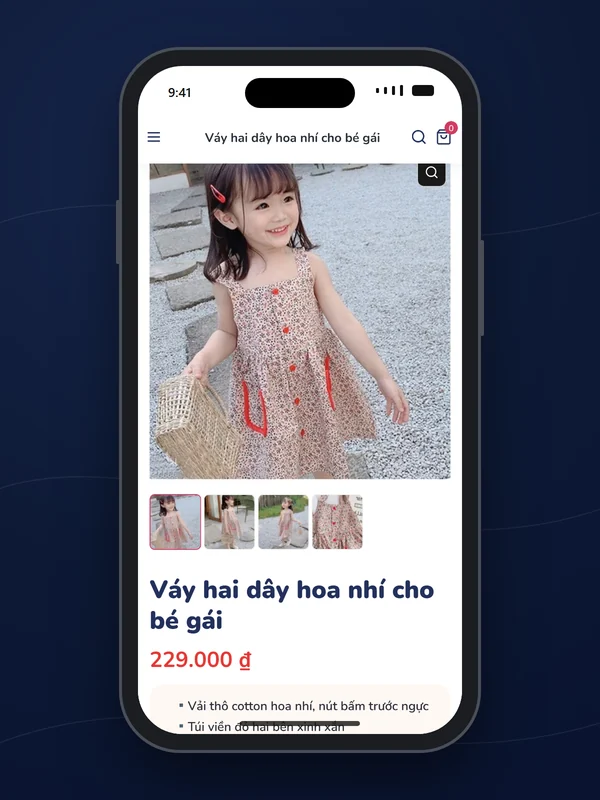 Trang chi tiết sản phẩm váy cho bé gái trên mobile, trong khung điện thoại