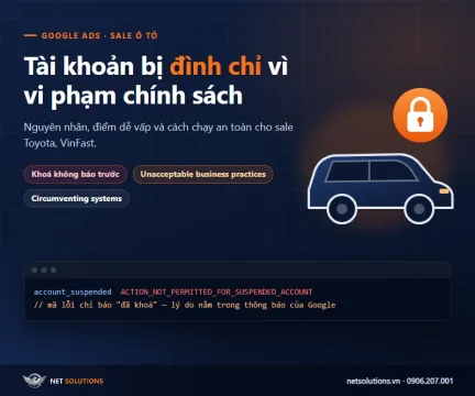 Ảnh bìa bài viết tài khoản Google Ads của sale ô tô bị đình chỉ do vi phạm chính sách, biểu tượng ô tô và ổ khoá, logo Net Solutions