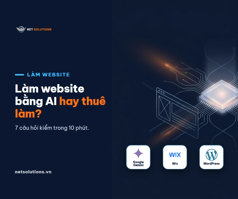 Minh hoạ chip AI và khung giao diện website cùng logo Google Gemini, Wix và WordPress